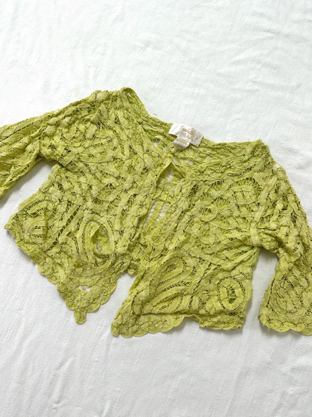 Vintage Chartreuse / Green Beaded Crochet Lace Bolero By Kroshetta By Papillon S